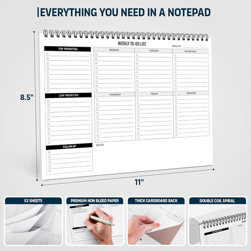 Weekly Planner To Do List Pad - 8.5x11" 52 Sheets Spiral - Desk Notepad with Multiple Sections, Undated Planning