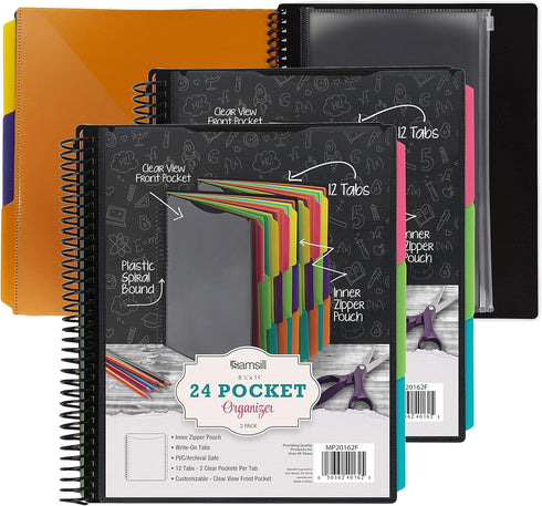 Samsill 2 Pack Deluxe 24 Pocket Spiral Project Folder Organizer with 12 Dividers, Zipper Pouch, Customizable Front Cover, Erasable Write On Tabs in Fashion Colors, Plastic Folders with Pockets by Samsill