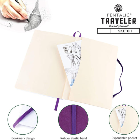Pentalic 6" x 8" Purple Pocket Sketchbook Traveler Journal, 160 Pages
