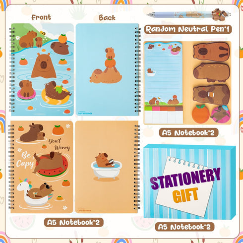Stationery Gift Set - 3Pcs Notebook Sticky Notes, Kawaii A5 Spiral Notebooks & 550 Sheets Cute Sticky Notes with Pens Kit for Office School Kids Students Birthday Supplies (Capybara) by B1ykin