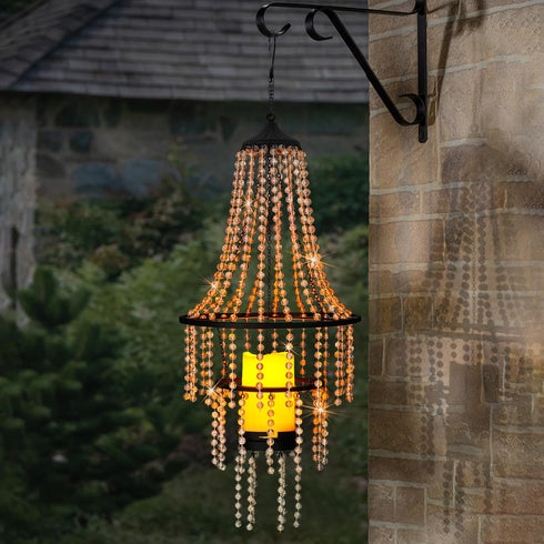 BAYN 28H Hanging Candle Chandelier Outdoor, Battery Operated Clear Acrylic Beaded Chandelier with Flickering Led Candle