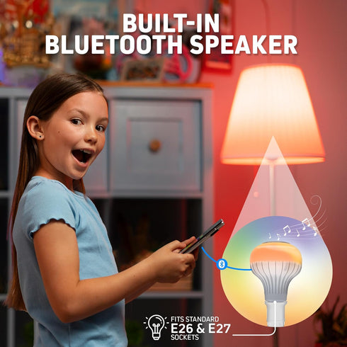 SKYLAR LED Color Changing Light Bulb with Bluetooth Speaker, E26 Standard Socket, 4 Light Modes with Remote Control