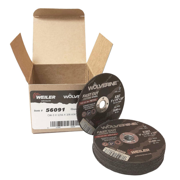 Weiler 56091 3" x 1/16" Type 1 Cut-Off Wheel, A36T, 3/8" A.H., 10 Pack