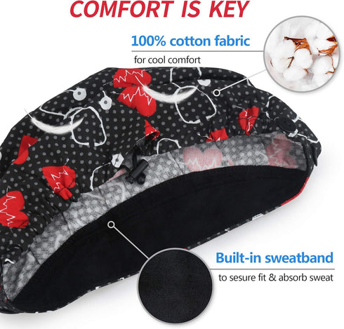 ABAMERICA 2 Pack Bouffant Caps - Adjustable Scrub Caps with Button and Sweatband for Women Men, One Size Multi Color