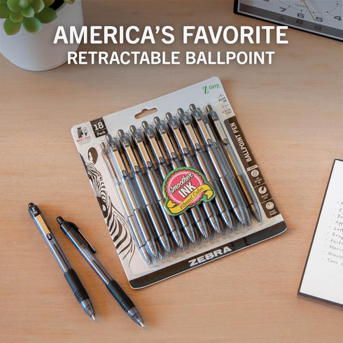 Zebra Pen Z-Grip Retractable Ballpoint Pen, Medium Point, Black Ink, 18-Pack, Model 22218