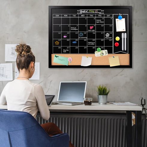 Board2by Monthly Chalkboard Calendar & Cork Board Combo, 18" x 24" Magnetic Board with Hanging Wood Frame