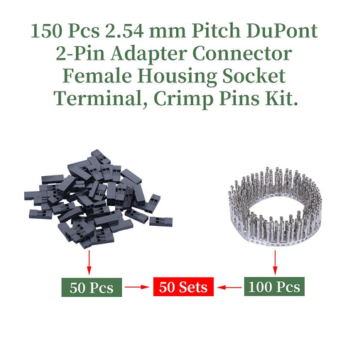 50 Sets Dupont 2.54 mm Pitch 2-Pin Female Adapter Cable Connector Accessories, 150 Pieces Crimp Pins Kit
