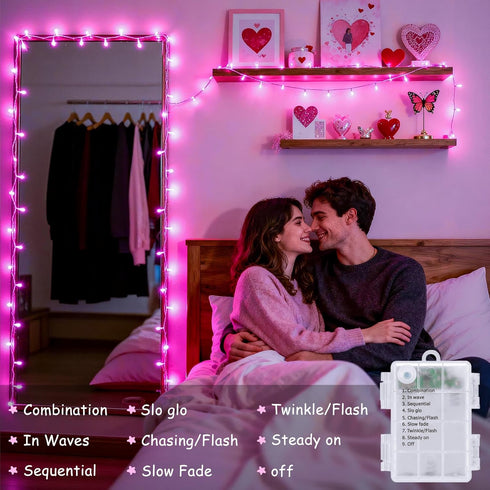 33ft 100 8 JMEXSUSS LED Pink Battery Operated Lights with Modes Remote, Pink String Lights Indoor Outdoor, Christmas