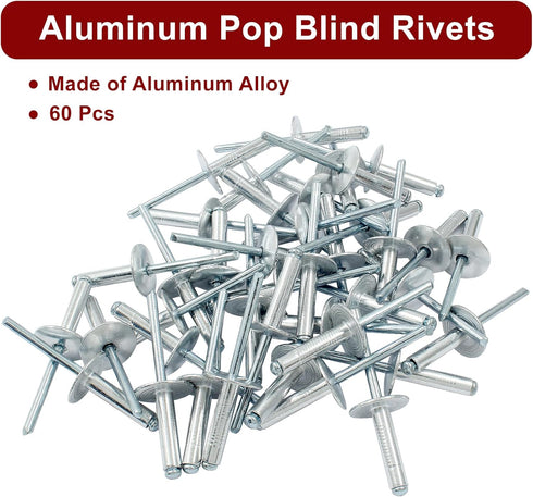 60 Pcs Large Flange Aluminum Blind Rivets, 3/16" x 1" Dome Head Pop Rivets for Installing Accessories, Silver