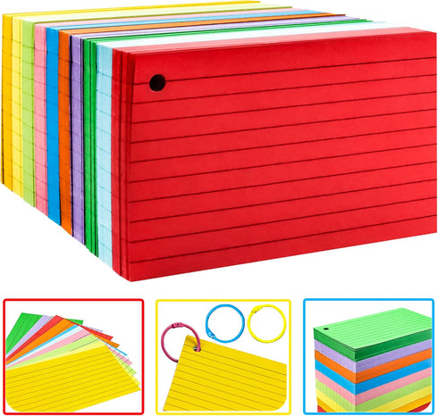 600Pcs 3x5 Inch 3 5 MotBach Colored Index Cards Flash Cards with Rings Lined Note Card Flashcards, Colorful Ruled Card