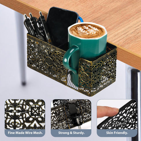 Desk Organizer with Clip-on Cup Holder, Pencil Holder, Phone Holder for Beverages and Accessories at Home Office