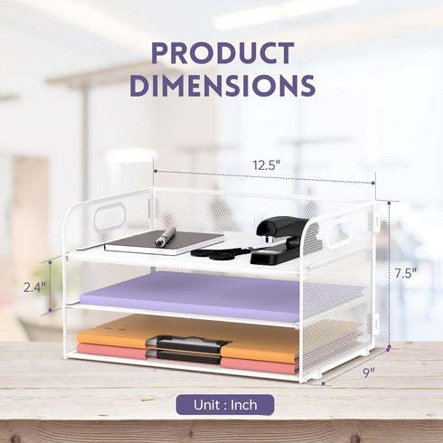 SUPEASY 3 Tier White Paper Organizer with Handle, Mesh Desk Letter Tray, File Organizer
