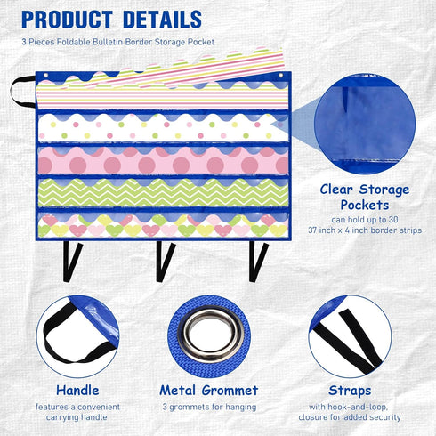 Crtiin 3 Pcs Foldable Bulletin Border Storage Pocket Chart, 41 x 24.5 Inch Classroom Organizer with Storage Pockets