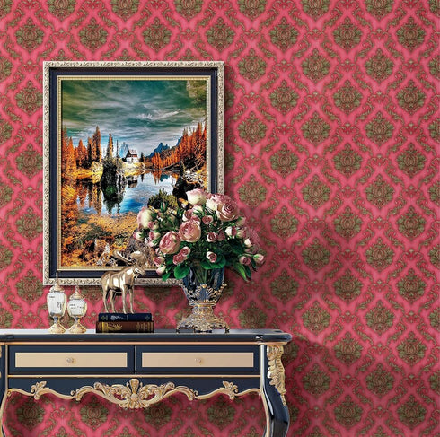 Y9151 Luxury Damask Wallpaper Peel and Stick 17.7in x 9.8ft Red Self Adhesive Removable Contact Paper Damask Furniture Decor Paper Vinyl Film Home Decoration by JZHOME