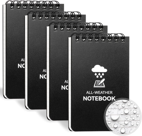 Waterproof Notebook, 4 Pack Top-Spiral Pocket Notepad, 3" x 5" Weatherproof NotePad for Outdoor Office