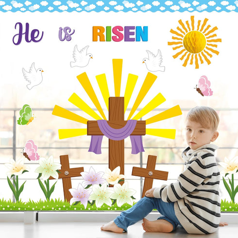 BeYumi 95Pcs Easter He is Risen Cross Bulletin Board Set, Honeycomb Jesus Resurrection Cutouts for Sunday School
