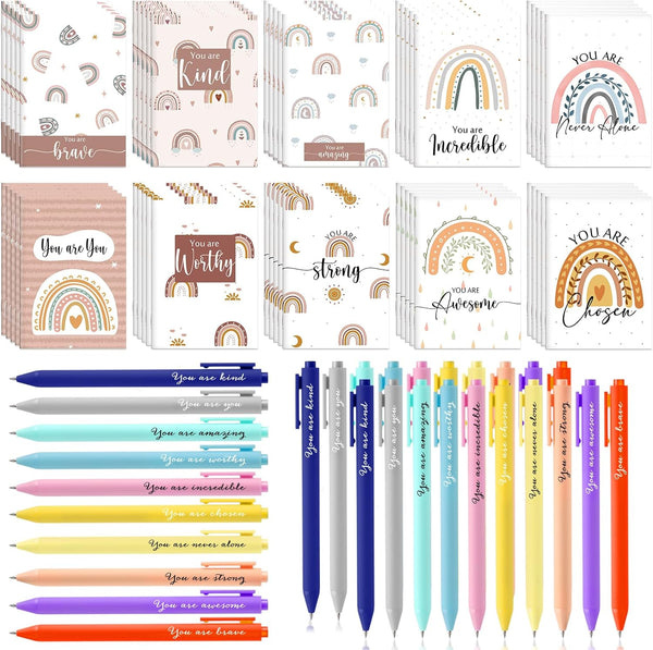 Ctosree 50 Pack Inspirational Gifts – Rainbow Pocket Notepad Notebooks with Motivational Ballpoint Pens for Back to
