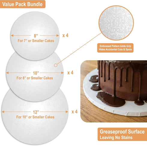 8, 10 12 Inch (3 12 Pack 1/2" 0.5" Seamless BOARDS+ Cake Drums & Sizes, Total) | Thick Cake Rounds + Prop Up Tool