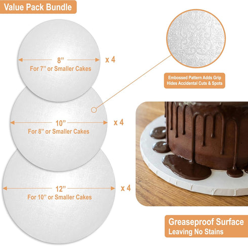 8, 10 12 Inch (3 12 Pack 1/2" 0.5" Seamless BOARDS+ Cake Drums & Sizes, Total) | Thick Cake Rounds + Prop Up Tool