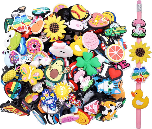 YEALQU 45PCS Cute PVC Pencil Topper Decorations, Lovely Black Clip Pencil Accessories for Junior Students Gifts