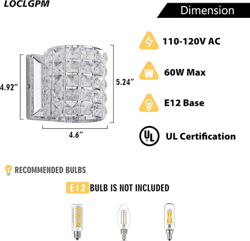 Modern Chrome Crystal Wall Sconces, Elegant Bathroom Vanity Wall Light Fixtures for Living Room Bedroom Bathroom