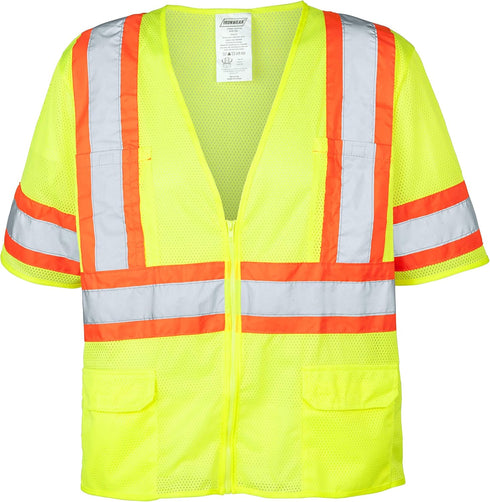 Ironwear 1293-LZ-2-M ANSI Class 3 Polyester Mesh Safety Vest with Zipper & Reflective Tape, Lime, Medium