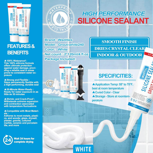 8Oz White Waterproof Caulk & Seal Silicone Sealant, Wadities Tile Grout Repair Kit, Pack of 2