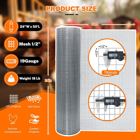 1/2'' 24'' 50' 19 X Hardware Cloth, Gauge Chicken Wire Fencing Double Layer Hot Dip Galvanizing, Wire Mesh Fence