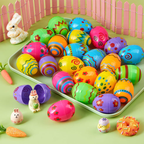 72PCS 2.3" JOYIN Printed Empty Plastic Eggs, Bright Colorful Plastic Eggs Bulks for Festival Hunt, Filling Treats