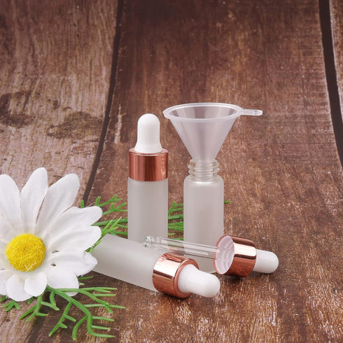 Kesell 50 Pack Dropper Bottles, 5ml Frosted Glass Sample Bottles for Essential Oils, with 3 Funnels, Rose Gold Cap