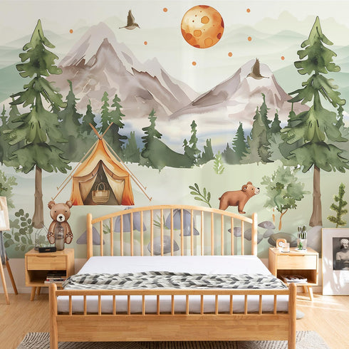 63x89.8inch 3D AM AMAONM Large Watercolor Mountain Landscape and Forest Pine Tree Wallpaper Peel and Stick Animals Wall
