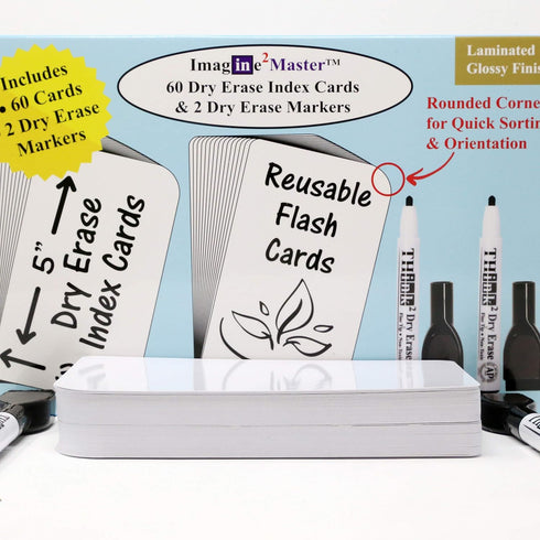 Imagine2Master 60 Blank Dry Erase Index Cards (3” X 5”) with 2 Dry Erase Markers - Glossy Laminated Finish