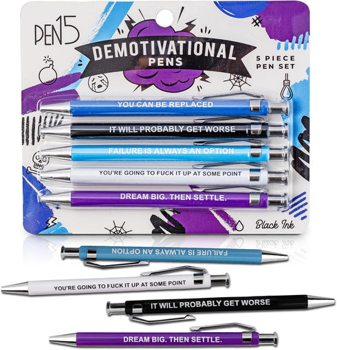 Demotivational Pens, Funny Office Gag Gift, Snarky Ballpoint Pens Set with Offensive Sayings for Coworkers