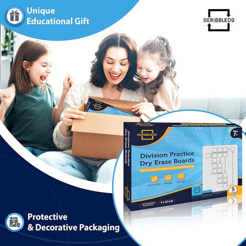 SCRIBBLEDO 5 Pack Dry Erase Division White Boards 9x12Inch for Kids, Double Sided Math Manipulatives with Erasers.