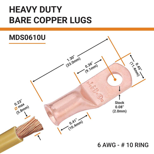 SELTERM 10pcs 6 AWG - #10 Stud Battery Lugs, Heavy Duty Wire Lugs, Ring Terminals, 6 Gauge Connectors