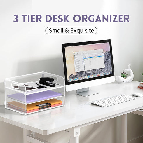SUPEASY 3 Tier Paper Organizer with Handle, Mesh Desk Organizer Letter Tray, Paper Tray Organizer File Organizer for A4 File Folder, White by SUPEASY