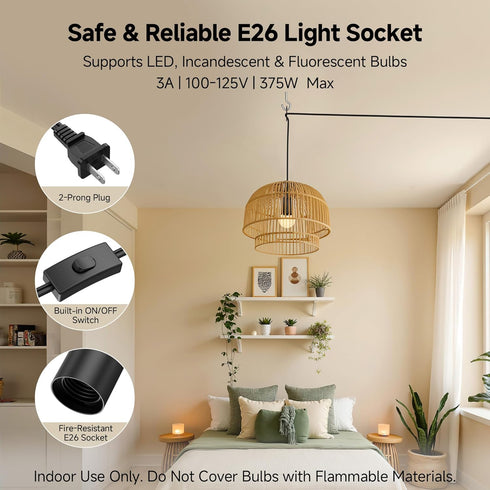 2-Pack 15ft, Cable Matters Plug in Hanging Light Cord with Switch - Pendant Light Cord with Lamp Socket, Black