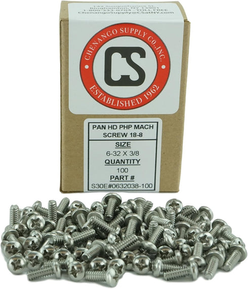 Stainless Steel Pan Head Machine Screws - 6-32 x 3/8 inches, Full Thread, Phillips Drive, 18-8 (100 pcs)