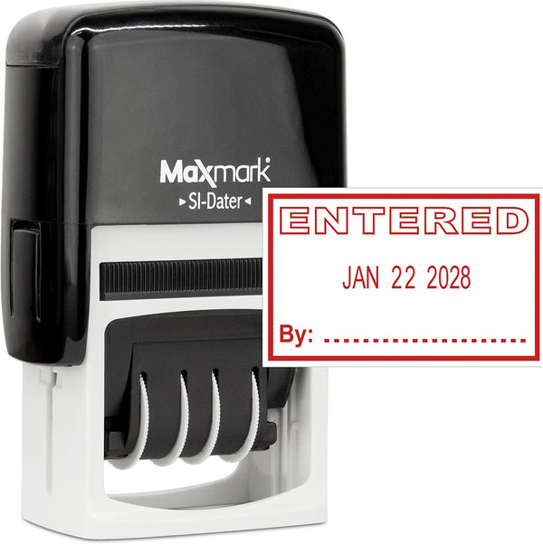 MaxMark Office Self Inking Date Stamp with Phrase Entered - Red Ink