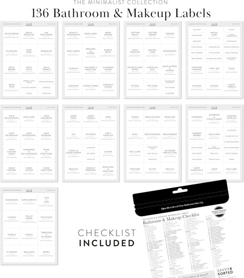 Minimalist Bathroom Labels for Organizing, 136 Preprinted Waterproof Removable Stickers for Bath Room and Makeup