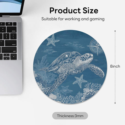 Velluxion 8x8 Sea Turtle Mouse Pad in, Cute Chill Vibe Ocean Themed Round Mousepad with Non-Slip Rubber Base
