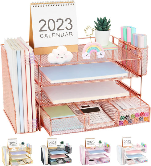 Desk Organizers and Accessories, 4-Tier Paper Tray Organizer with Drawer and 2 Pen Holders for Office Supplies