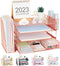Desk Organizers and Accessories, 4-Tier Paper Tray Organizer with Drawer and 2 Pen Holders for Office Supplies