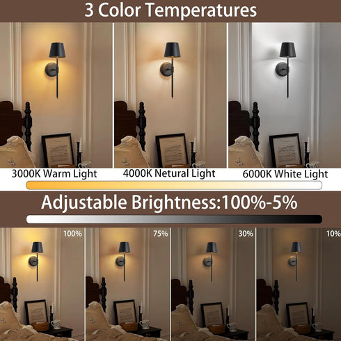 Hillsboro 5000mAh Dimming (Black-1PCS-3 Battery Operated Wall Sconces, Cordless Rechargeable Battery LED Wall Sconce