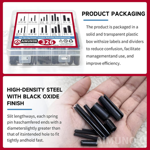 326PCS Roll Pin Set, 24 Sizes Spring Dowel Tension Roll Pins Assortment Kit for Home Improvement