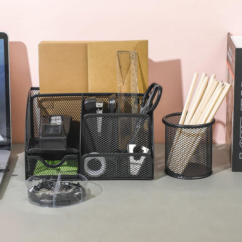 Black Desk Organizer and Accessories Kit, Mesh Desktop Organizer, Stapler, Tape Dispenser, Pen Holder, Ruler, Scissors