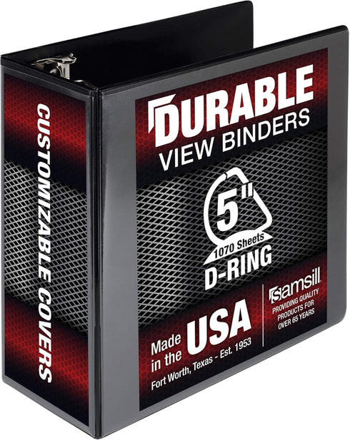 Samsill Durable 5 Inch D Ring Binder, Customizable Clear View, Black, Made in the USA, Holds 1050 Pages
