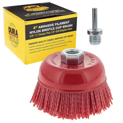 Dura-Gold 4" Abrasive Filament Nylon Bristle Cup Brush, Coarse Grit for Angle Grinder, 5/8" 11 Thread