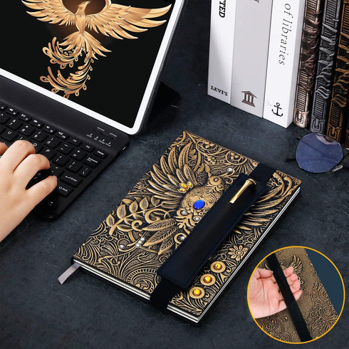 Vintage Phoenix Embossed Leather Notebook, Daily Travel Journal with Black Ballpoint Pen and Pen Sleeve, Antique