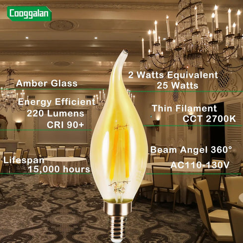 COOGGALAN E12 Bulb Dimmable, 25 Bulbs CA11 2W, Bulb, 2700K, 90, 12 Pack Amber Candelabra LED Light Watts Equivalent